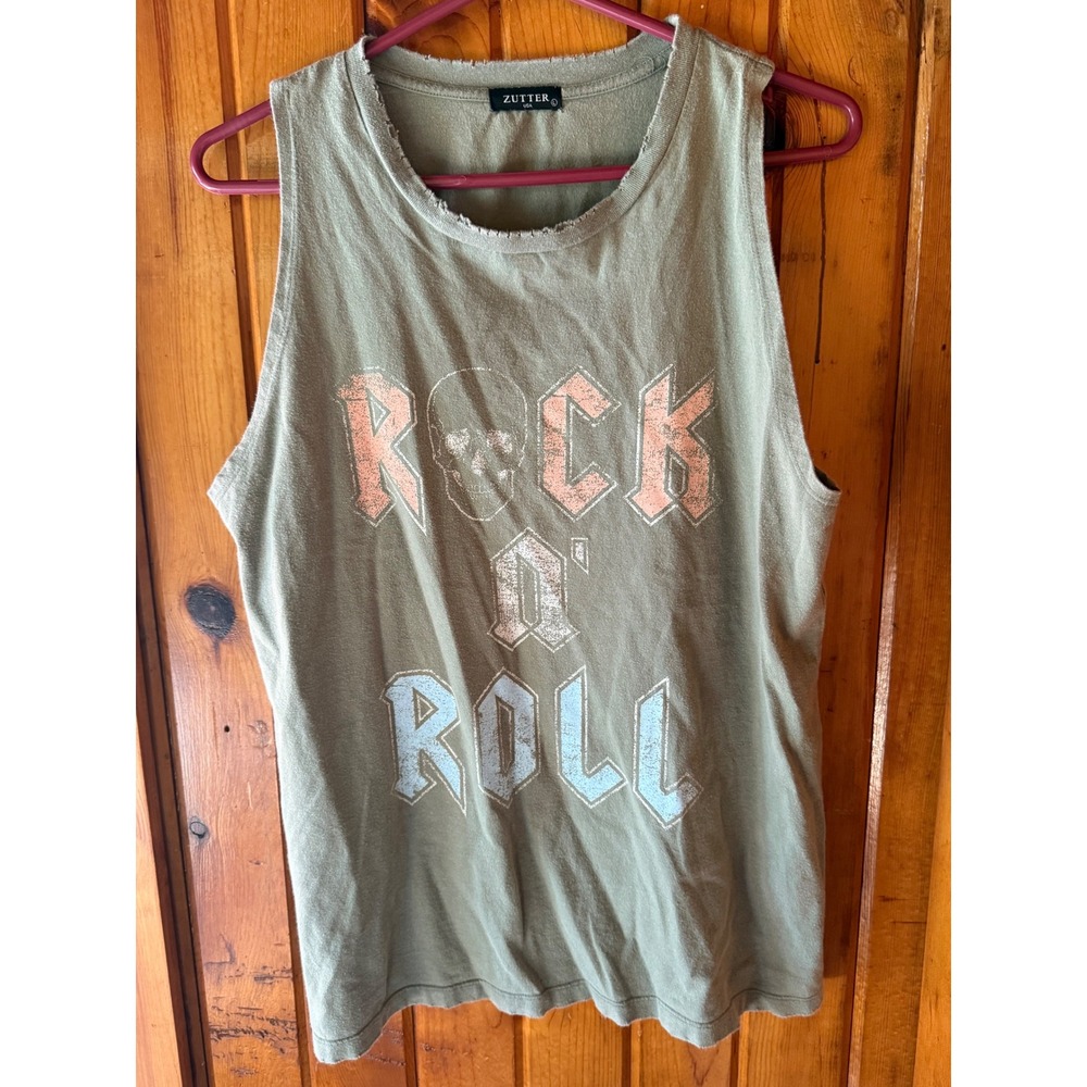 Zutter Rock‎ n Roll Skull Graphic Tank Top Women's Casual Olive Green Size Large